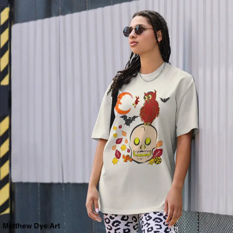 Oversized Halloween-themed t-shirt showcasing faded t-shirt elegance for a haunted harvest