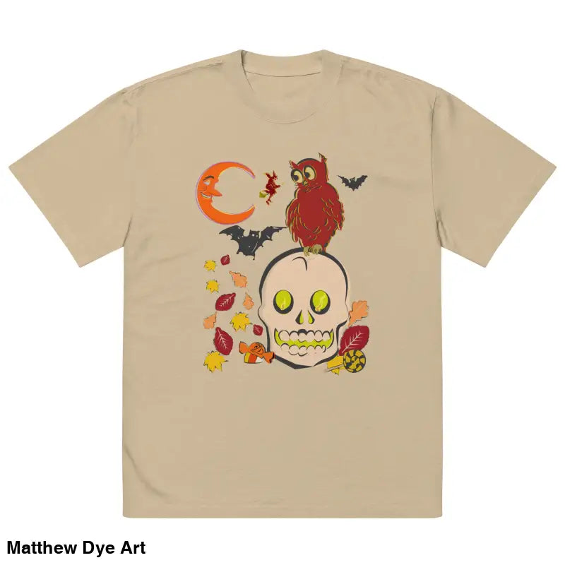 Beige oversized faded t-shirt featuring a Halloween graphic for a haunted harvest look