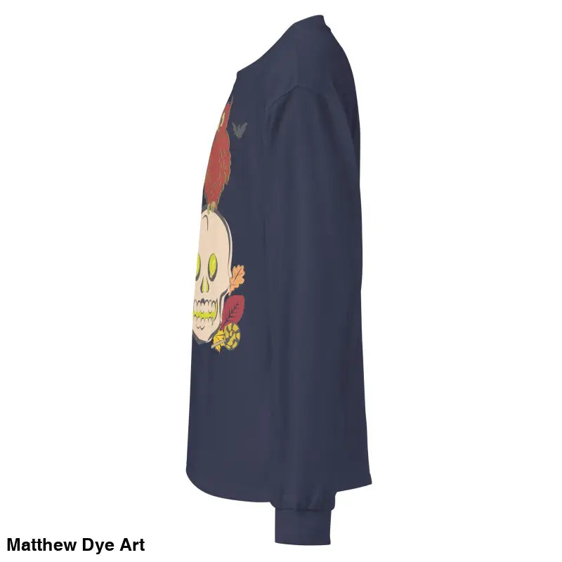 Navy long-sleeved shirt featuring skull and owl graphic for Halloween style