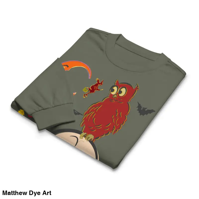 Folded long-sleeved Halloween shirt featuring an owl and skull design, Witching Hour Watcher