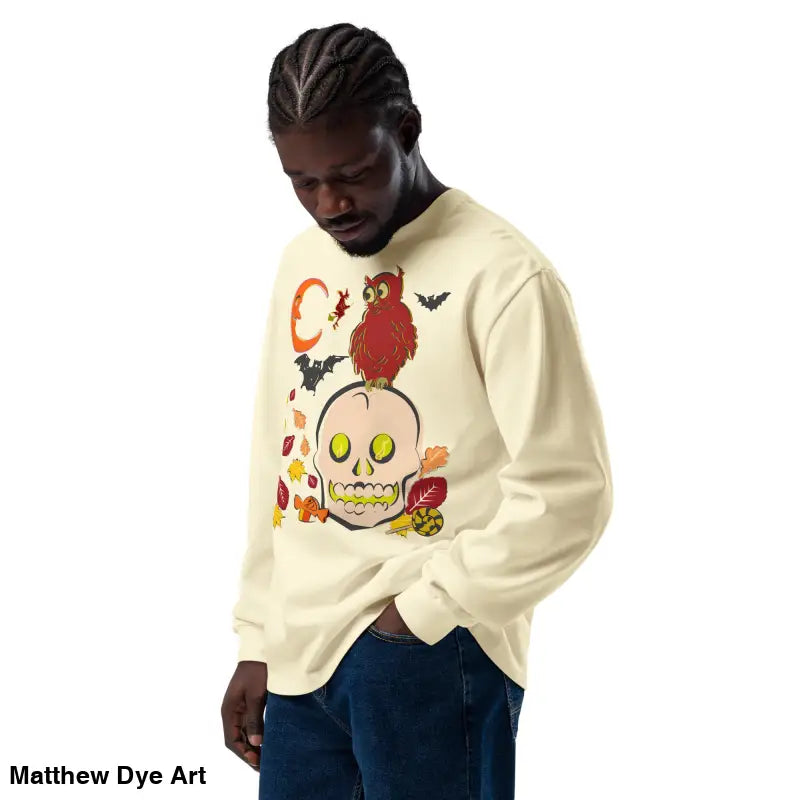Beige Halloween-themed sweatshirt featuring owl and skull design for festive style