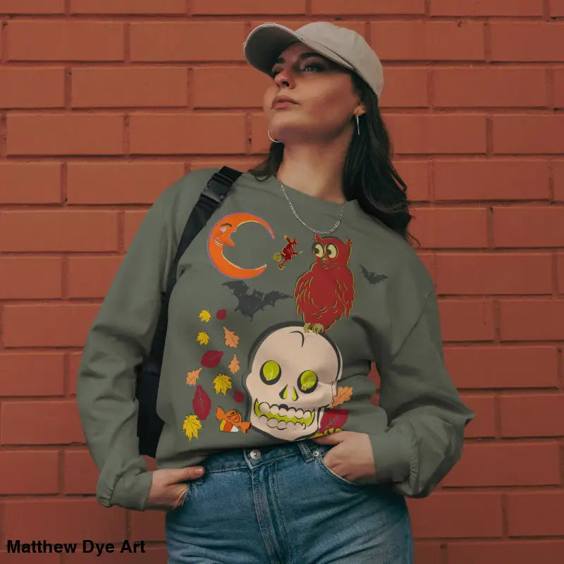 Olive green unisex Halloween sweatshirt featuring owl and skull vintage art