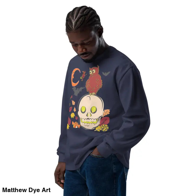 Navy long-sleeved Halloween sweatshirt featuring vintage owl and skull art design