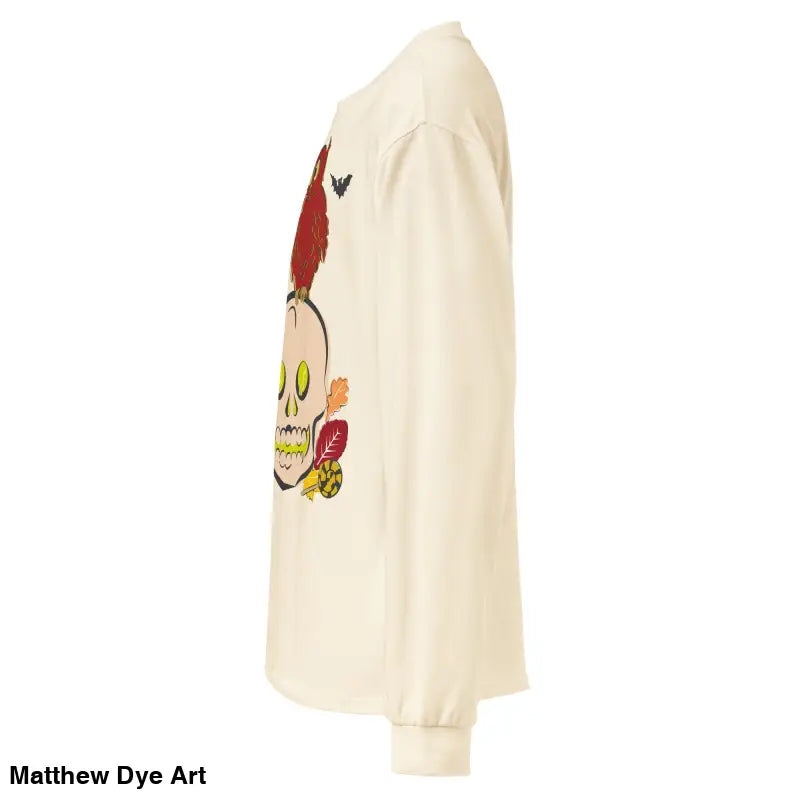 Long-sleeved off-white shirt featuring skull graphic for Halloween, Witching Hour Watcher