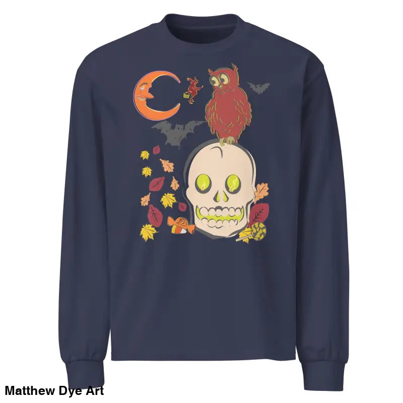 Navy blue long-sleeved shirt featuring Halloween owl and skull graphic design