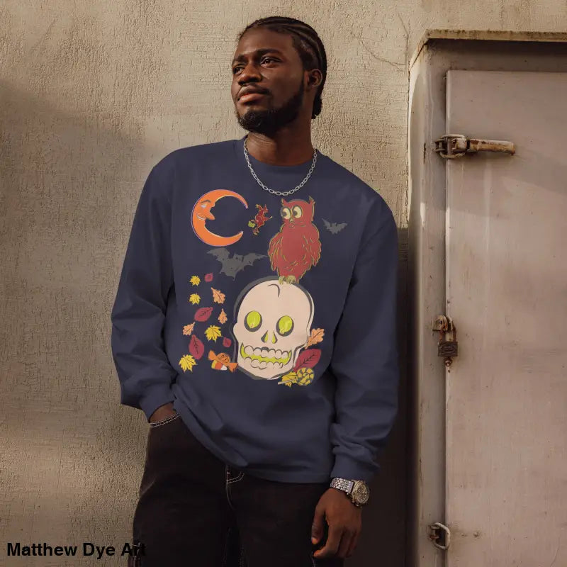 Navy blue Halloween-themed sweatshirt featuring an owl and skull design, unisex style