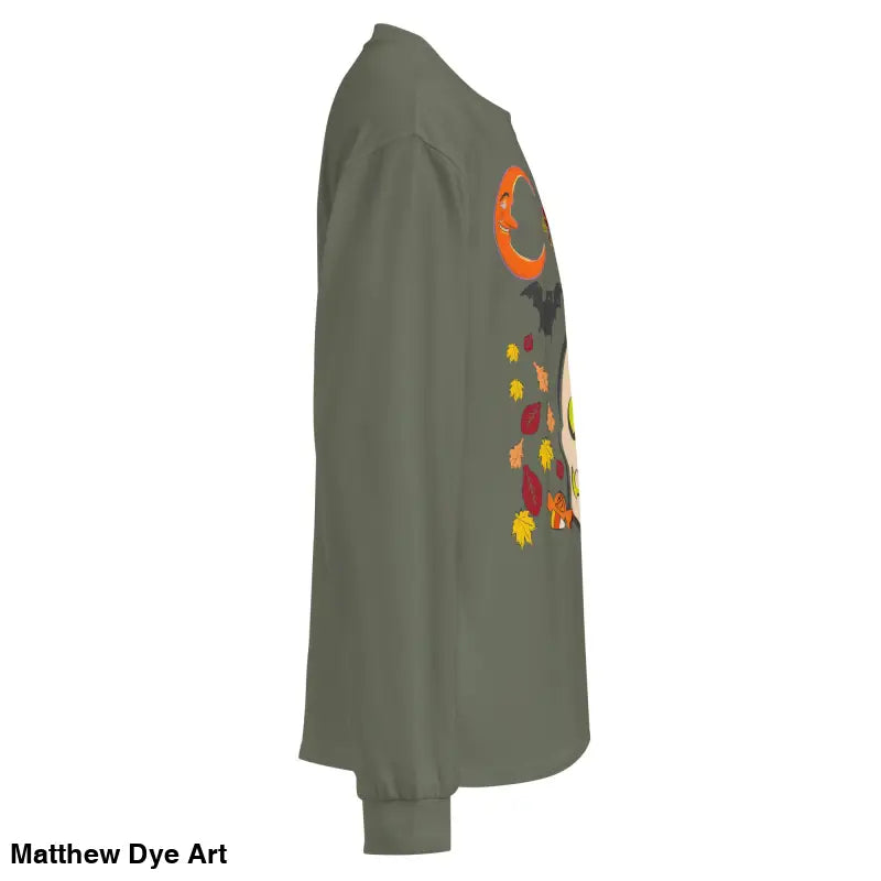 Olive green long-sleeved shirt featuring Halloween owl and skull graphics, Witching Hour Watcher