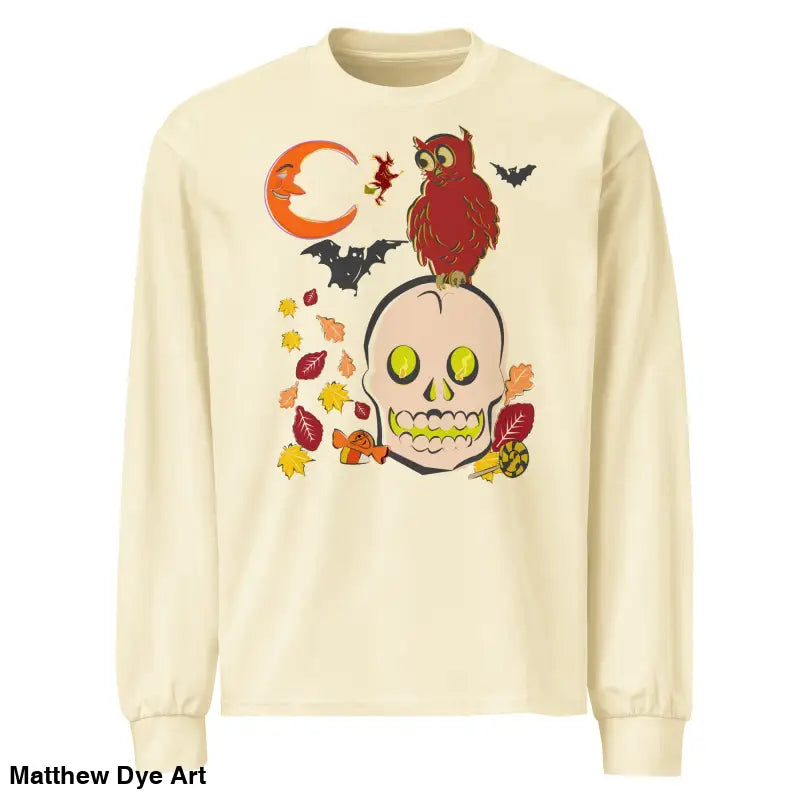 Long-sleeved Halloween-themed shirt featuring an owl and skull design for vintage style
