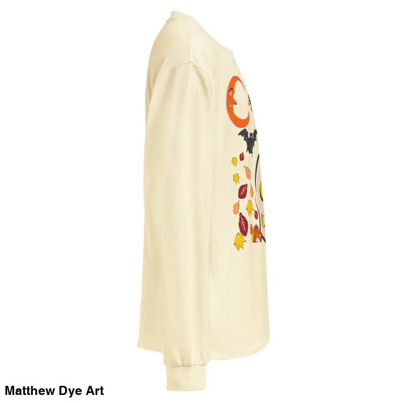 Cream-colored long-sleeved shirt featuring Halloween owl and skull art design