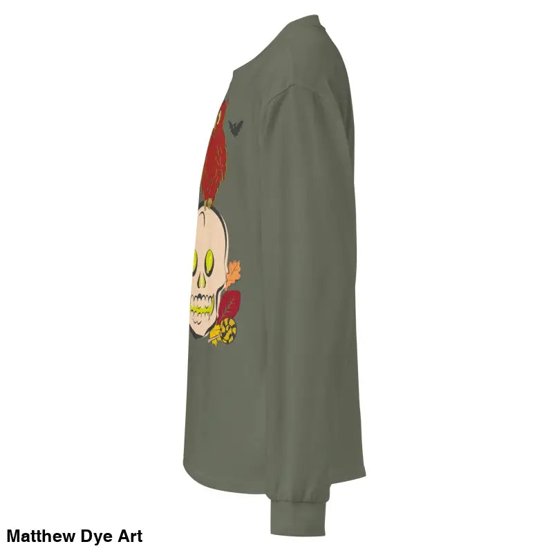 Olive green long-sleeved shirt featuring skull and owl graphic for Halloween style