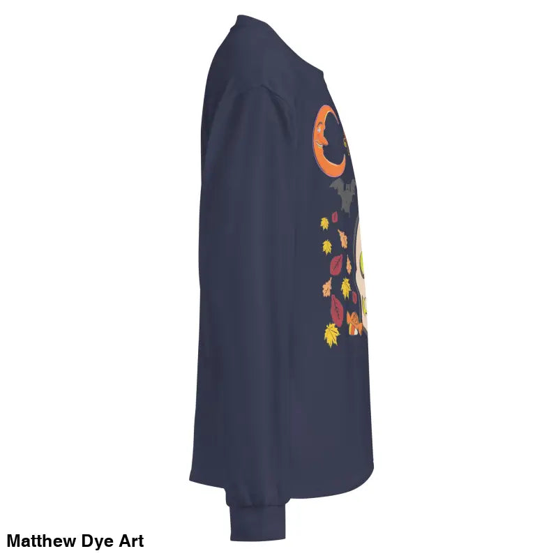 Navy blue long-sleeved shirt featuring Halloween-themed owl and skull design