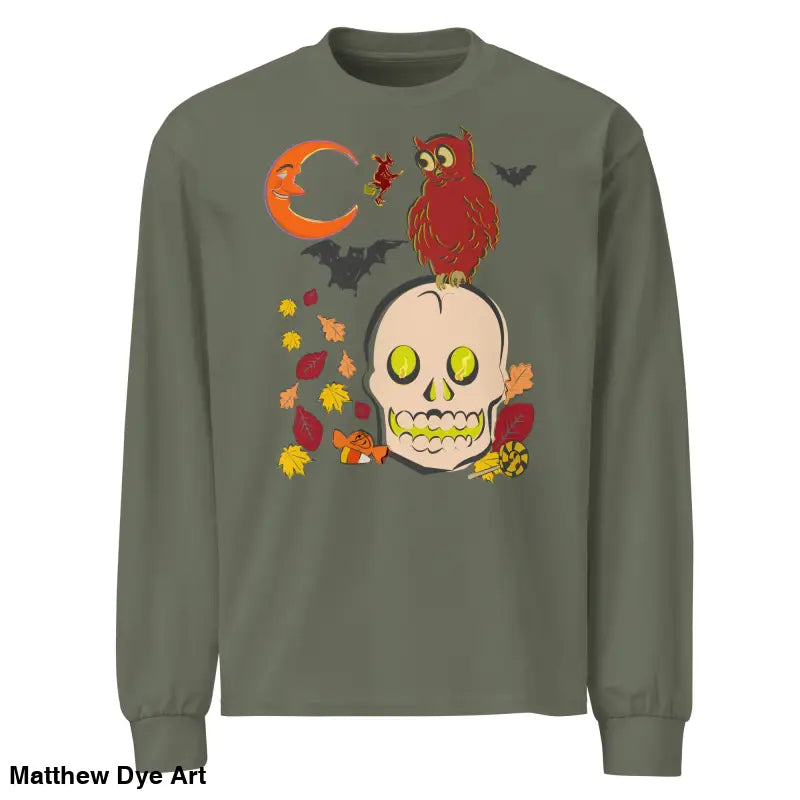 Olive green long-sleeved shirt featuring Halloween owl and skull graphics