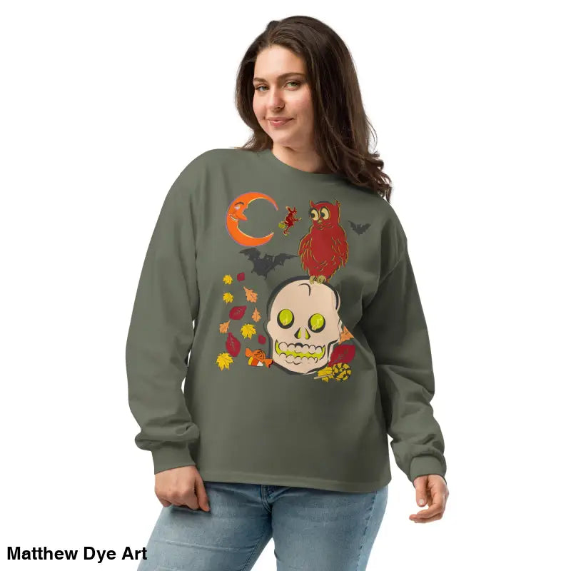 Halloween-themed sweatshirt featuring owl and skull in vintage design for all ages