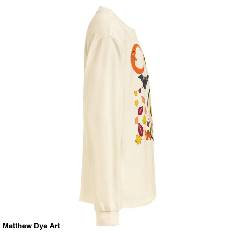 Long-sleeved off-white shirt featuring Halloween owl and skull graphics