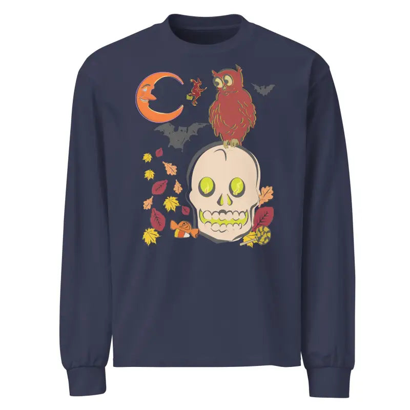 Navy long-sleeved shirt featuring Halloween owl and skull design, Witching Hour Watcher