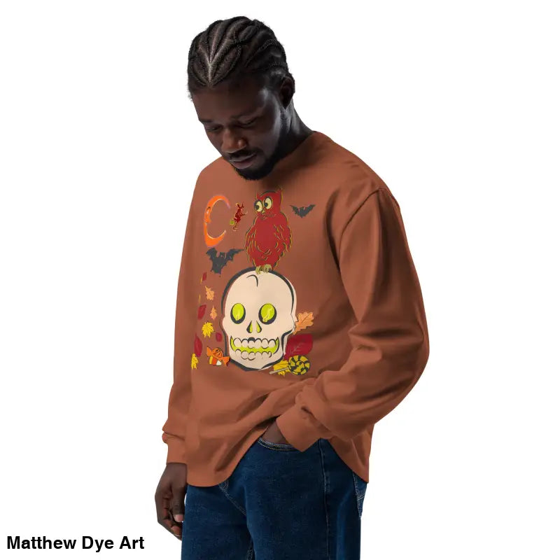 Brown sweatshirt featuring a skull and owl design for Halloween enthusiasts