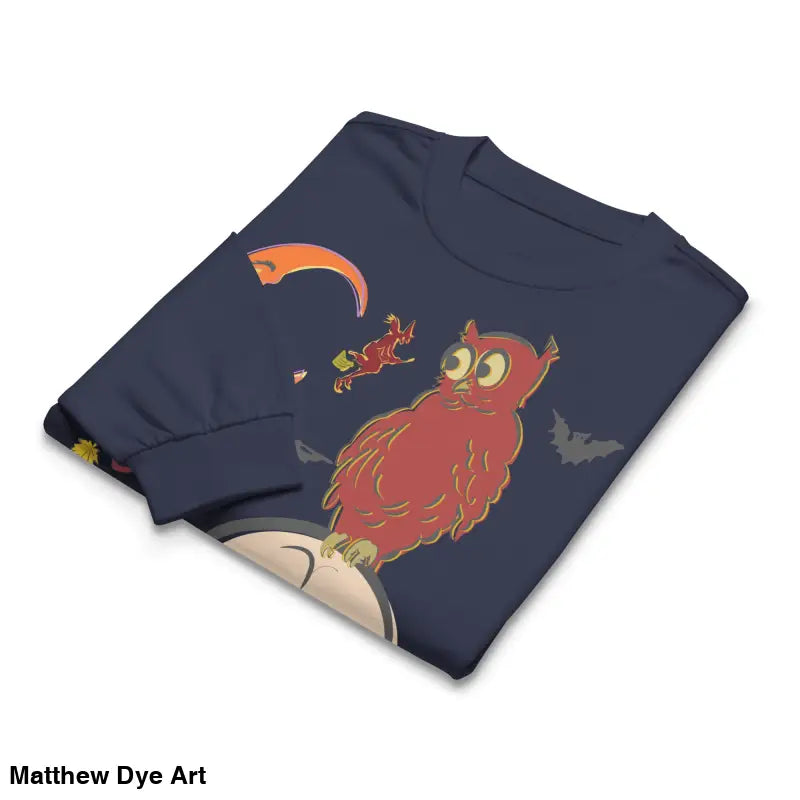 Folded Halloween-themed long-sleeved shirt featuring owl and skull designs