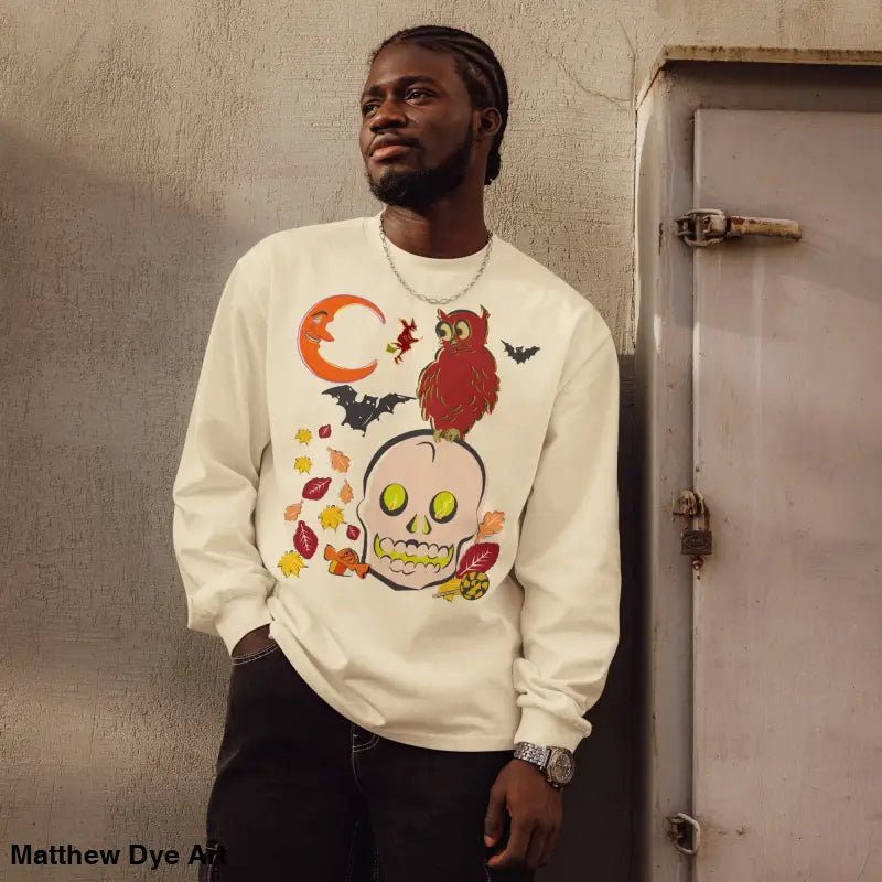 Long-sleeved Halloween-themed shirt featuring an owl and skull in vintage design
