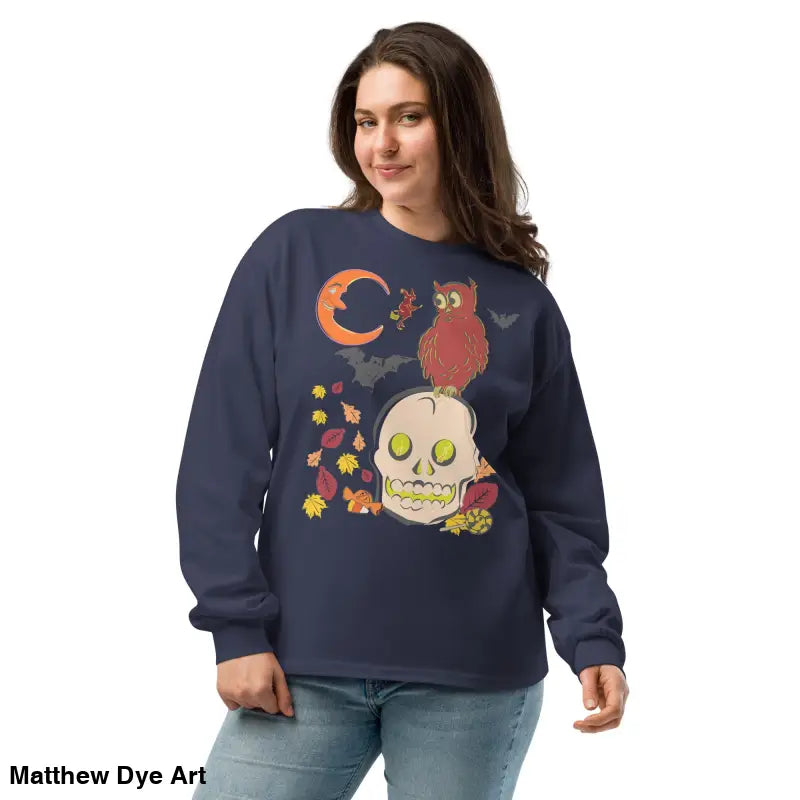 Navy blue Halloween-themed sweatshirt featuring owl and skull designs for vintage style