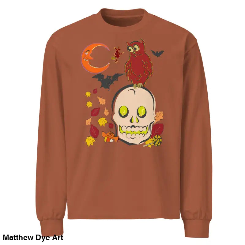 Brown long-sleeved shirt featuring Halloween-themed owl and skull graphic design
