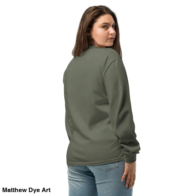 Olive green long-sleeved shirt featuring vintage Halloween owl and skull art design