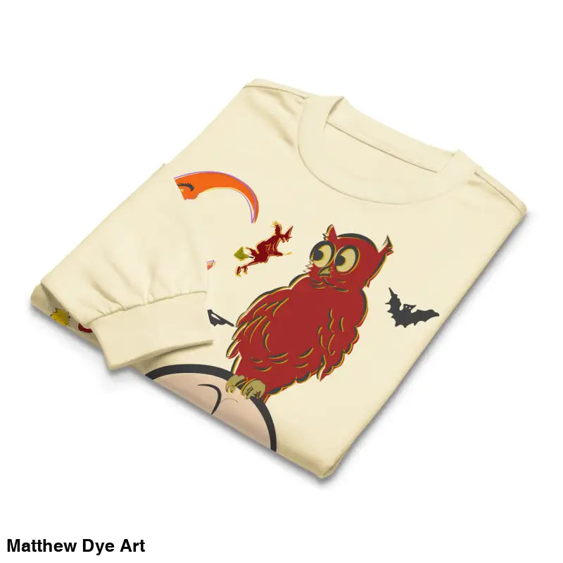 Folded Witching Hour Watcher long-sleeved shirt featuring Halloween owl and skull graphics