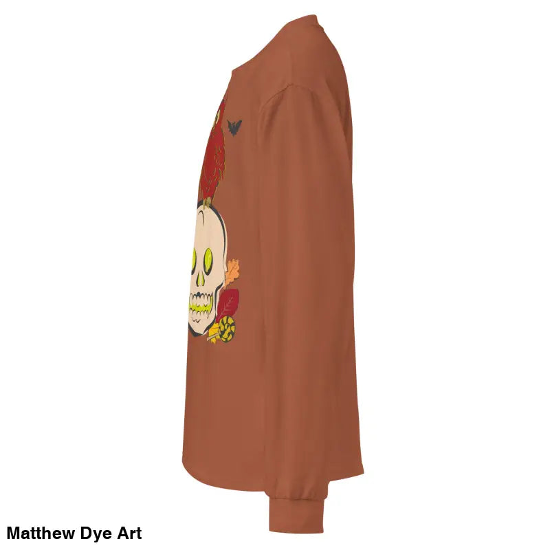 Brown long-sleeved shirt featuring a skull and owl design for Halloween fashion