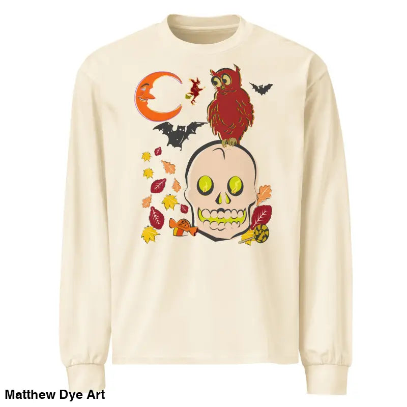 Long-sleeved Halloween-themed shirt featuring owl and skull design, Witching Hour Watcher