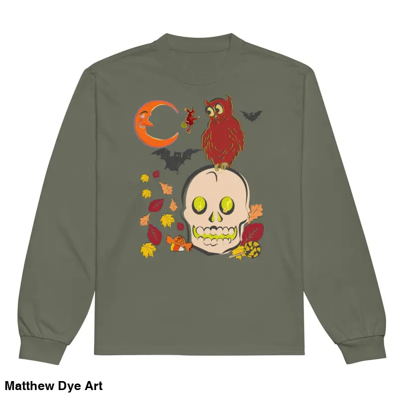 Olive green long-sleeved shirt featuring Halloween owl and skull graphic design