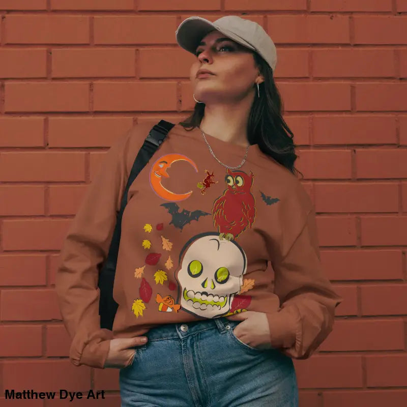 Halloween-themed brown sweatshirt featuring an owl and skull in vintage art design