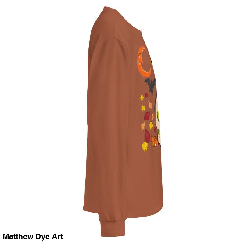 Brown long-sleeved shirt featuring Halloween owl and skull design, Witching Hour Watcher