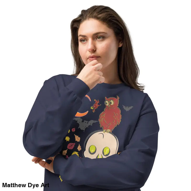 Navy blue Halloween sweatshirt featuring an owl and skull design for festive wear