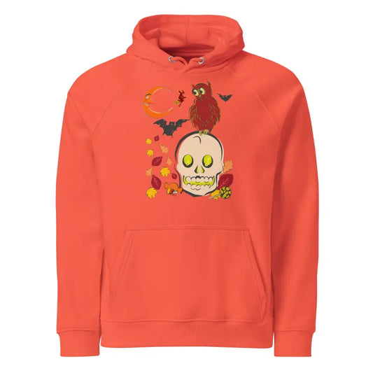 Orange Halloween-themed Witching Hour Watcher Eco Raglan Hoodie with skull owl design