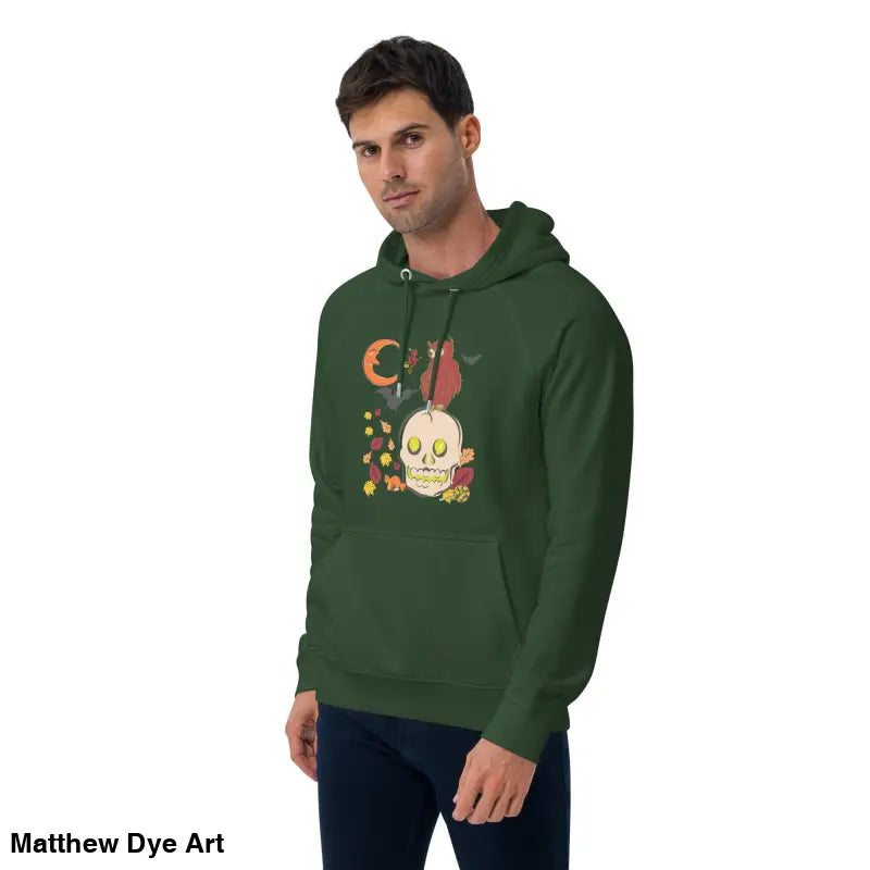 Vintage Halloween Eco Raglan Hoodie featuring a green design with a burgundy skull owl
