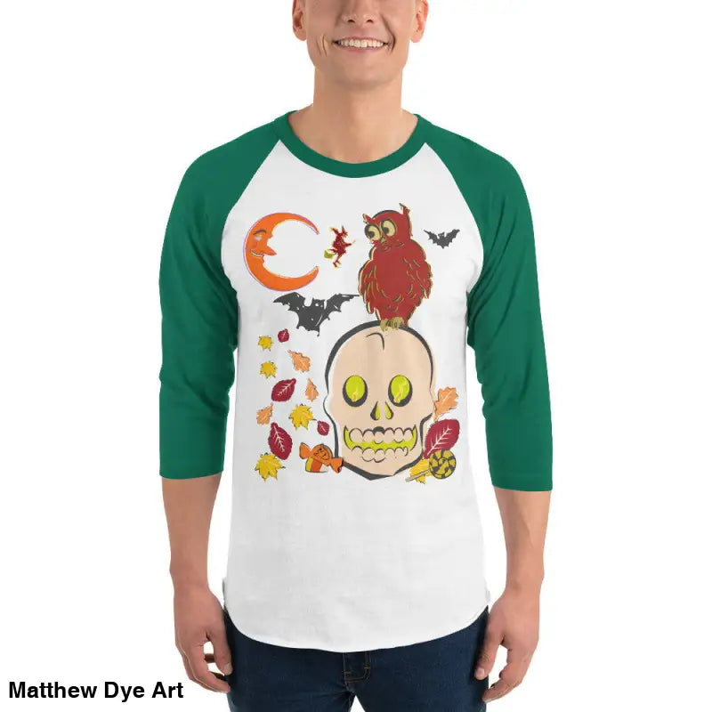 Baseball-style 3/4 sleeve raglan shirt featuring Halloween skull and owl design for Haunted Harvest