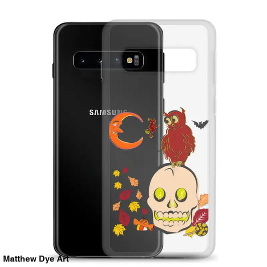 Clear phone case with Halloween skull and owl artwork for Haunted Harvest Clear Case