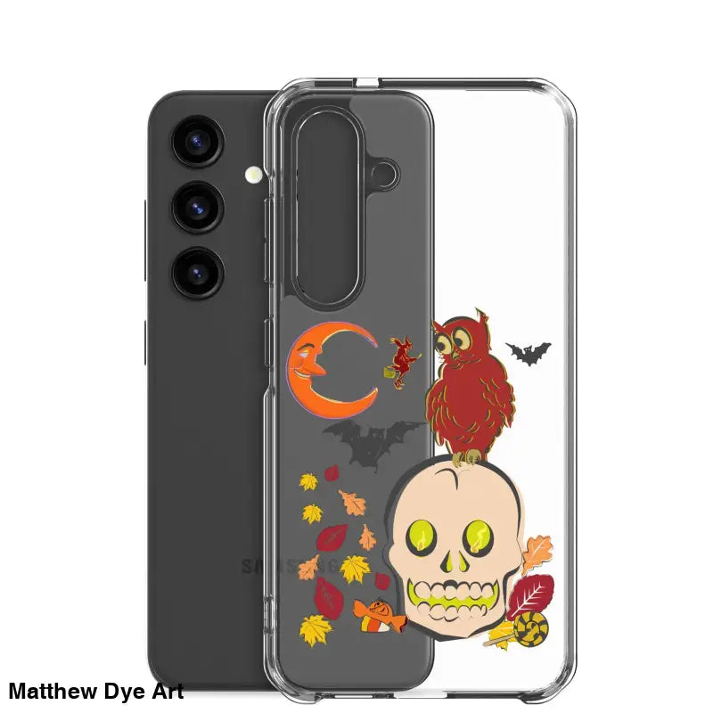 Clear Haunted Harvest Case with skull, owl, crescent moon, and autumn leaves decorations