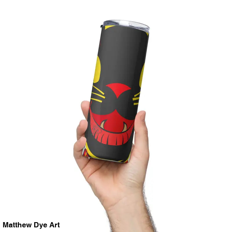 Black tumbler with cartoon cat face, made of high-grade stainless for vintage style