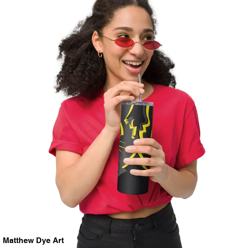 Black and yellow tumbler featuring vintage cat design in high-grade stainless steel