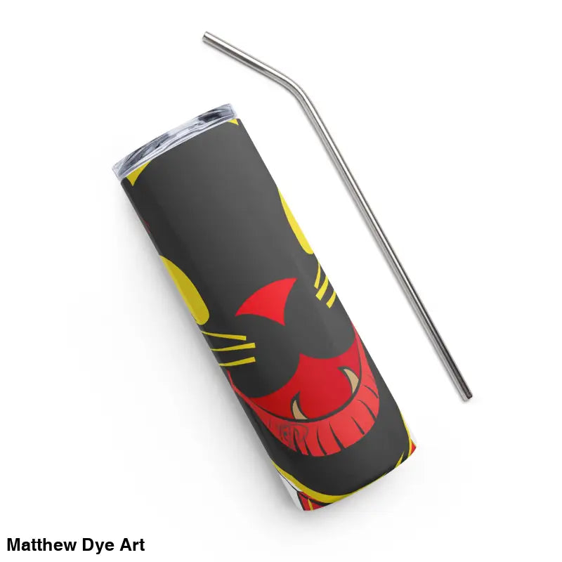 Insulated stainless tumbler with straw featuring Vintage Halloween Cat design