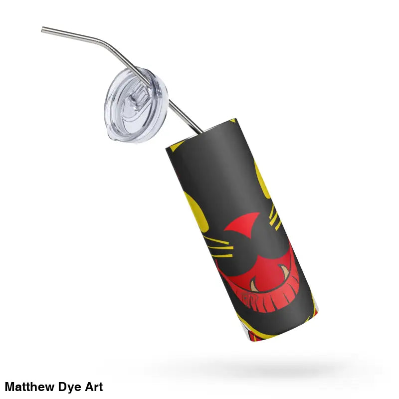 Black tumbler with straw from Witch’s Brew, a Vintage Cat stainless steel design