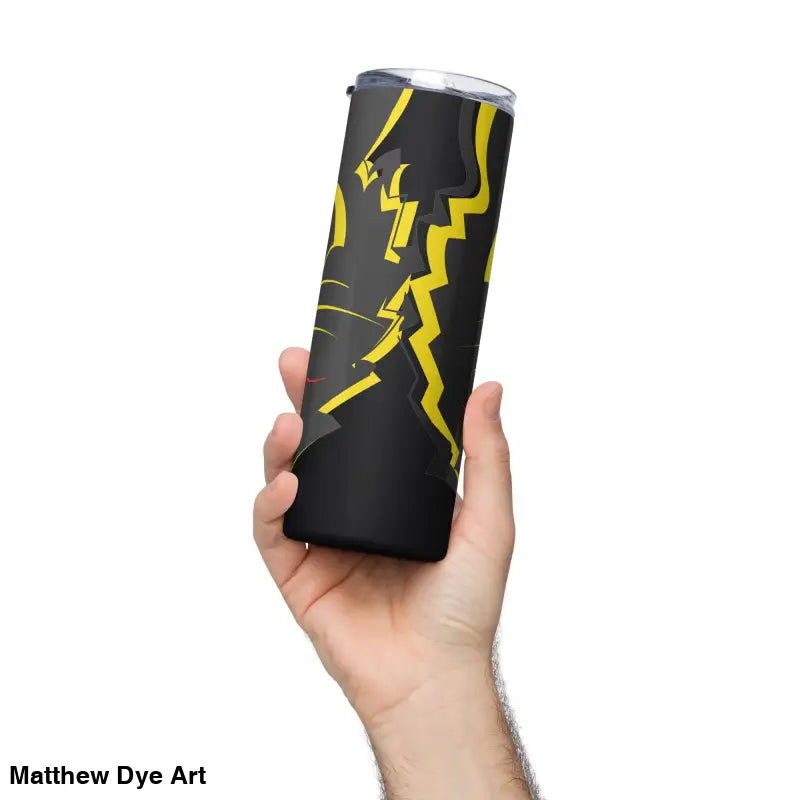 Black and yellow tumbler showcasing vintage cat design in high-grade stainless steel