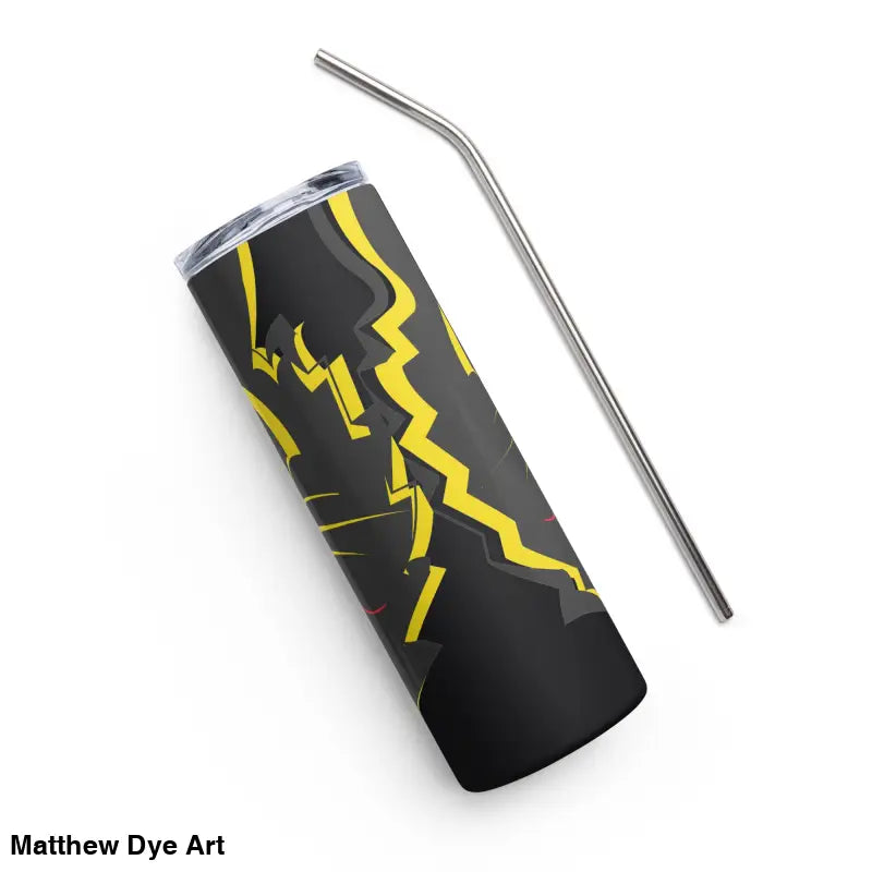 Black tumbler with yellow lightning design, vintage cat stainless steel, and metal straw