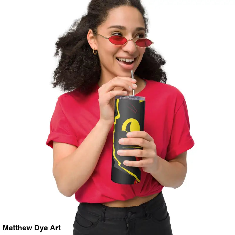Black and yellow tumbler featuring a vintage cat design crafted from high-grade stainless steel