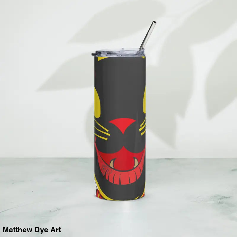 Black tumbler featuring a cartoon cat face, crafted from high-grade stainless steel