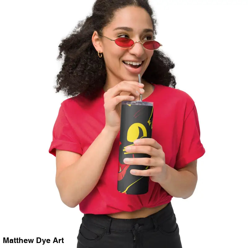 Black tumbler with yellow design showcasing Vintage Halloween Cat in high-grade stainless steel