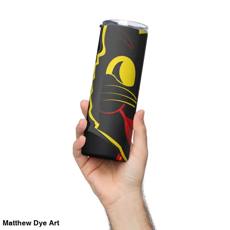 Black tumbler featuring vintage cat design, made of high-grade stainless steel