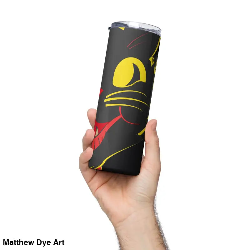 Black tumbler with a vintage cat design, crafted from high-grade stainless steel