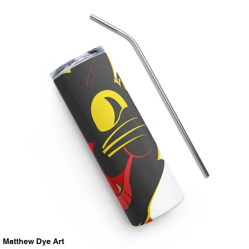 Black tumbler featuring vintage cat design, crafted from high-grade stainless steel