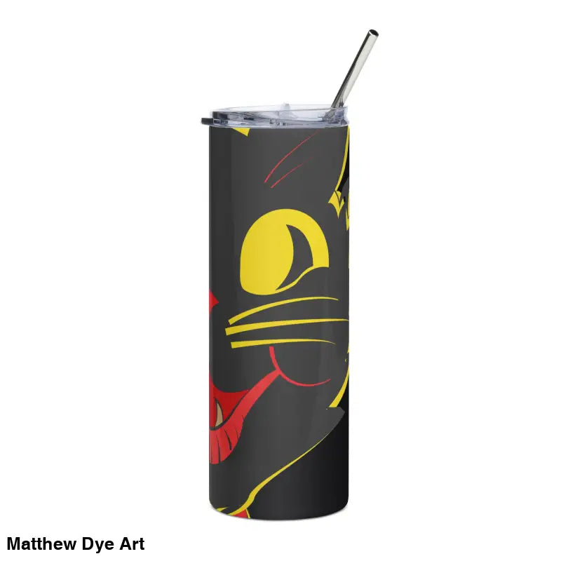 Black tumbler with vintage cat design in high-grade stainless steel for Witch’s Brew